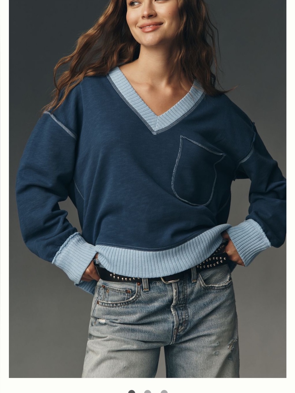 Pilcro Blue Two-Tone V-Neck Pullover Sweater